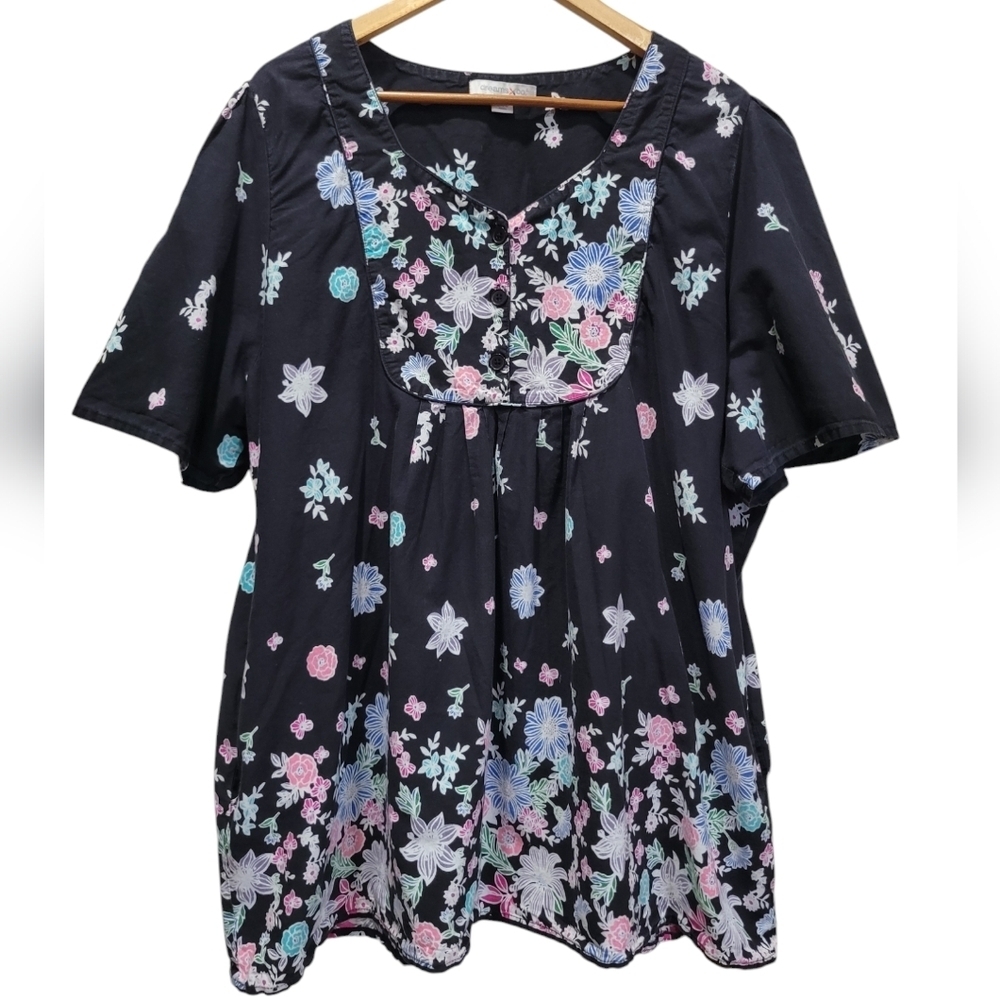 4X or 26/28 DREAMS CO. 100% Cotton Floral Short Sleeve Tunic